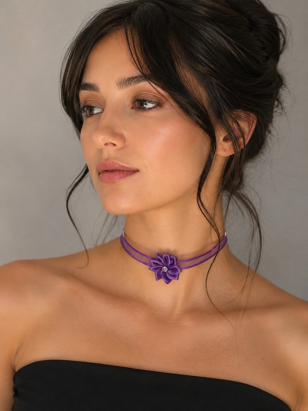 Purple Floral Choker Necklace With Satin Flower Accent